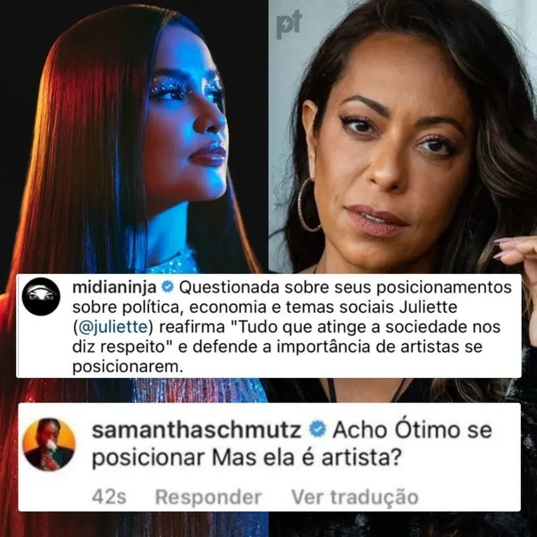 Atriz Samantha Schmütz detona Juliette: "mas ela é artista?"