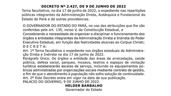 Decreto determina ponto facultativo no dia 17 de junho.