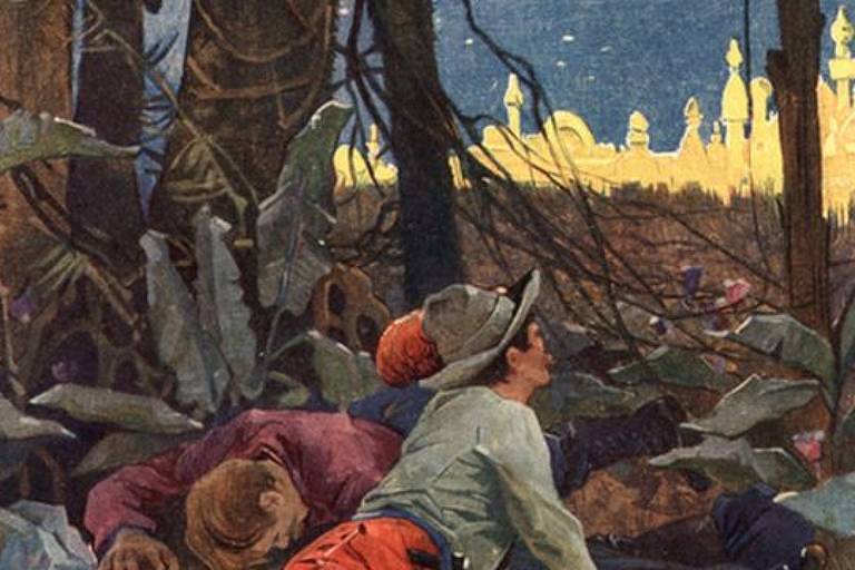 Na ilustração, explorador europeu vislumbra ao longe a cidade de Eldorado, que segundo as lendas era feita de ouro maciço