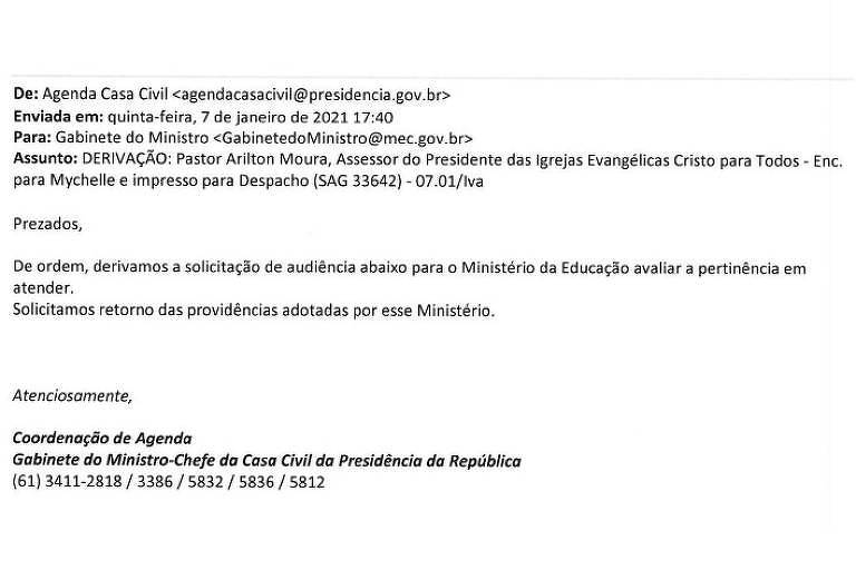 Email do gabinete da Casa Civil da Presidência para o gabinete do ministro da Educação, em janeiro de 2021, em favor do pastor Arilton Moura.