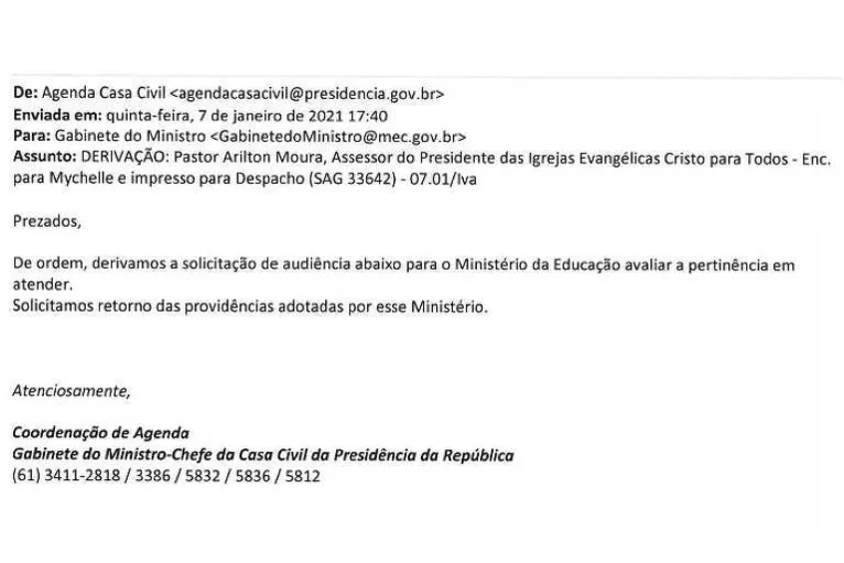 Email do gabinete da Casa Civil da Presidência para o gabinete do ministro da Educação, em janeiro de 2021, em favor do pastor Arilton Moura.