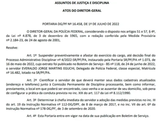 Eguchi foi afastado por uso indevido de farda e arma da PF 