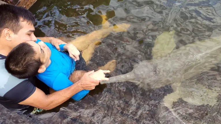 Rapaz com paralisia cerebral nada com os botos no Pará