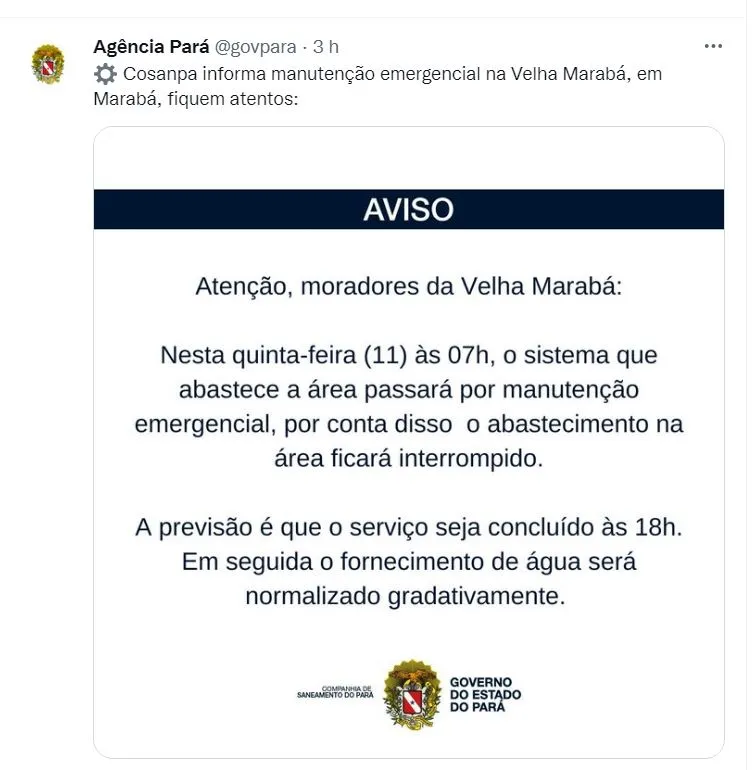 Anúncio feito no Twitter sobre a manutenção em Marabá