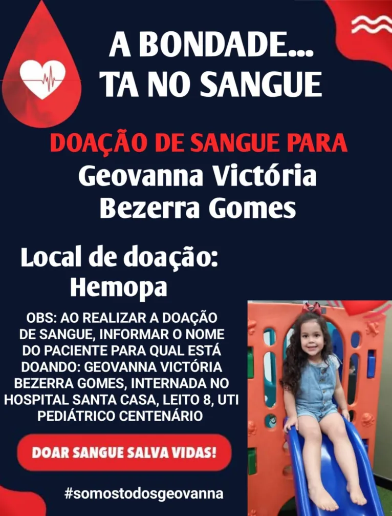 Menina precisa de doação de sangue. Saiba como ajudar!