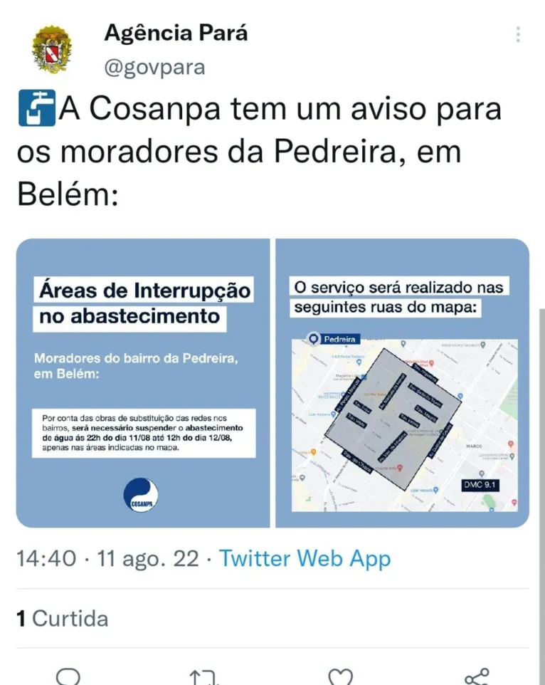 Bairro da Pedreira ficará sem água a partir das 22h