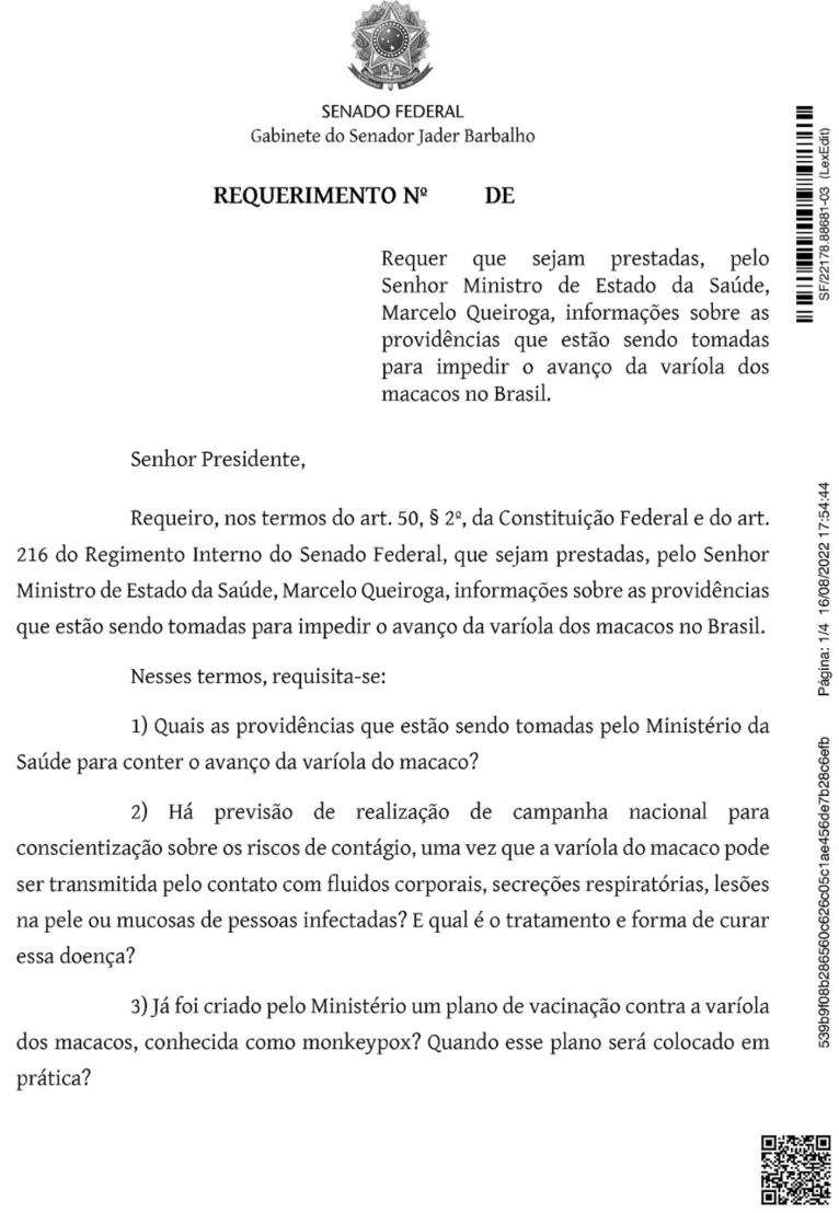 Jader requer informações sobre varíola dos macacos