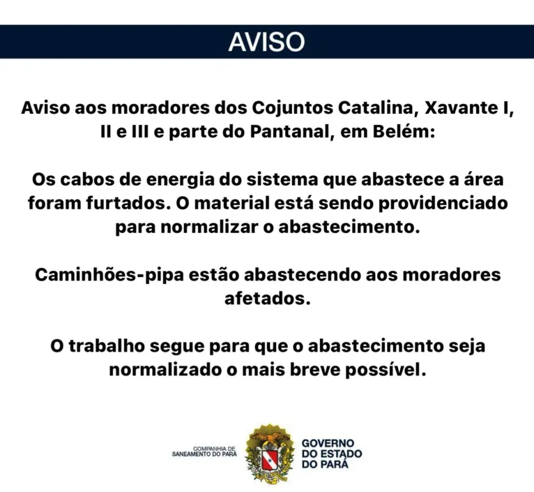 Roubo de cabos de energia deixa conjuntos de Belém sem água