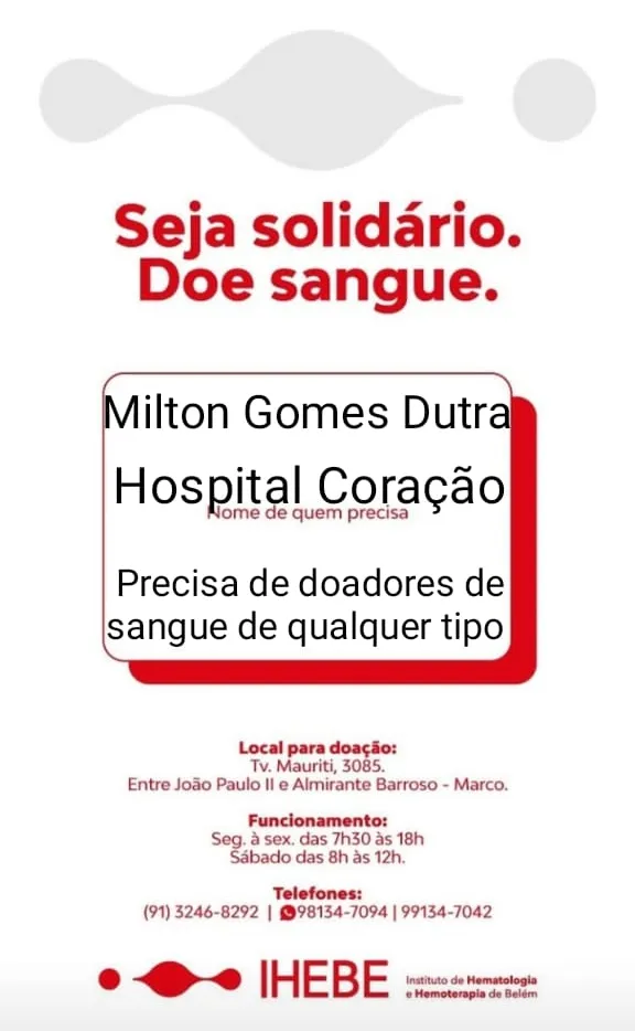 Urgente: idoso precisa de doação de sangue em Belém. Ajude!