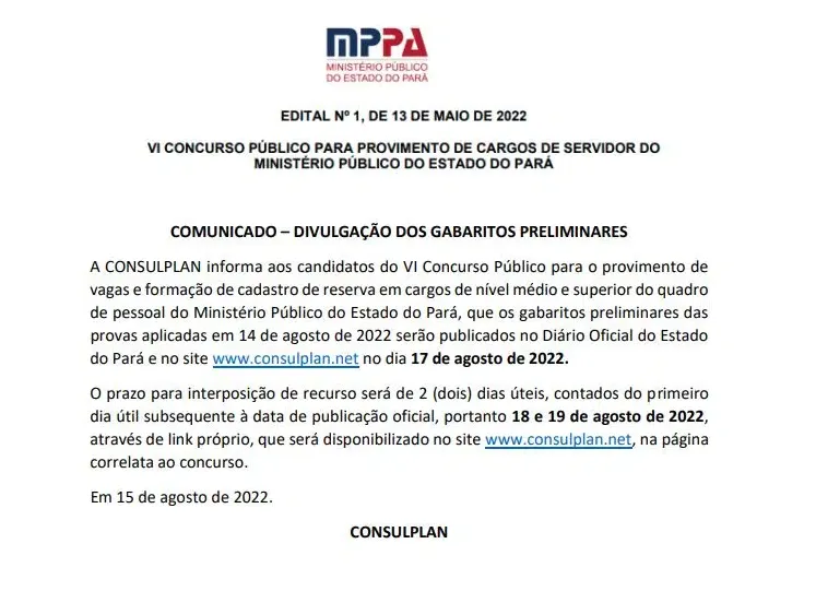 Gabarito da prova do MPPA já tem data para sair. Veja!