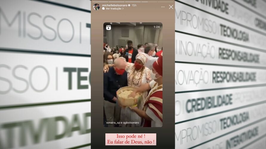 A primeira dama Michelle Bolsonaro compartilhou nos stories do instagram um vídeo de Lula em uma festa de religião africana