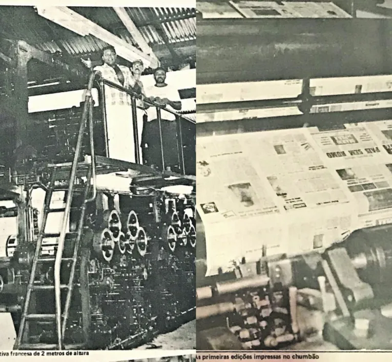 Velha rotativa francesa fez a impressão do Diário do Pará nos anos iniciais do jornal. Ao lado, a primeira edição impressa no "chumbão"