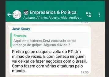 Mensagens incitando golpe em caso de vitória de Lula nas eleições foram compartilhadas em grupo de empresários