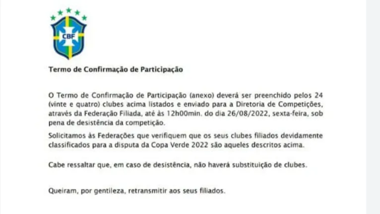 Termo de confirmação de participação da Copa Verde