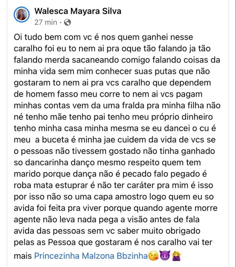 Publicação da Waleska no Fcaebook