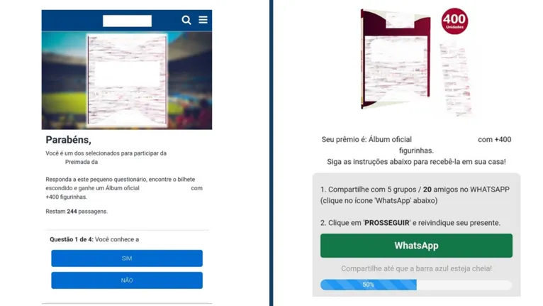 Cibercriminosos pedem para preencher cadastro e compartilhar a promoção por Whatsapp.
