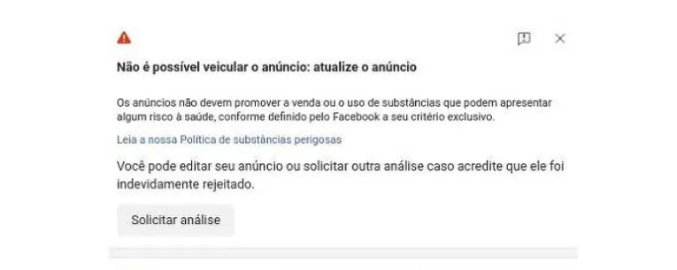 Aviso no Facebook vetando o impulsionamento de post de Maisa Diniz