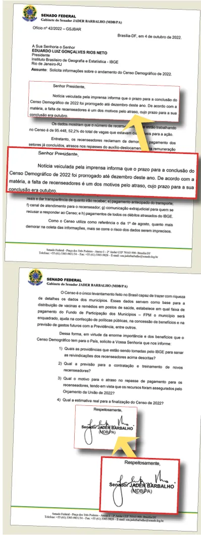 Ele solicita ainda a informação sobre a estimativa real para a finalização do Censo de 2022.