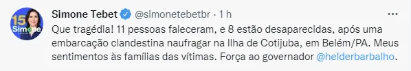 Lula e Tebet lamentam naufrágio de embarcação em Cotijuba