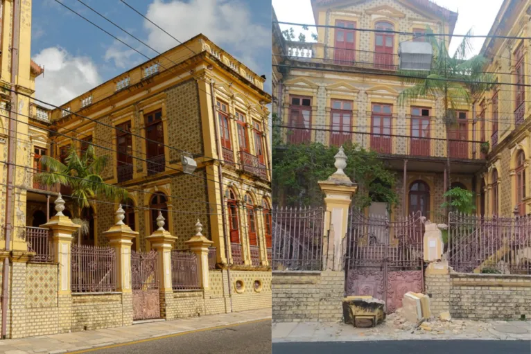 Compare o antes e depois da fachada do Palacete Pinho