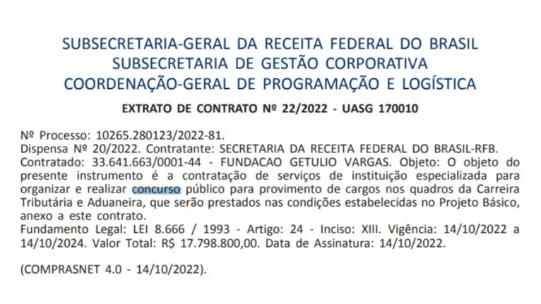 Extrato de contrato com a banca FGV