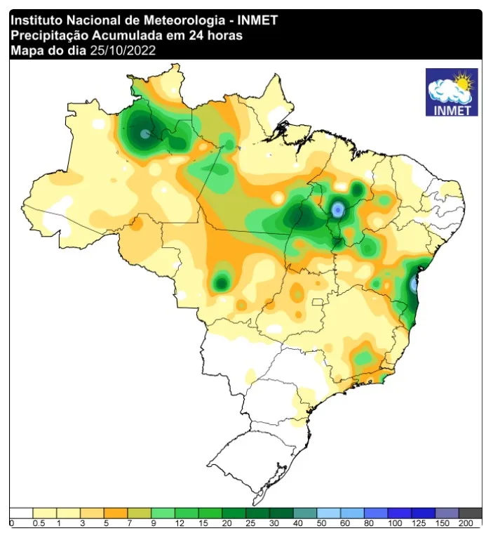 As áreas verdes mostram a intensidade de nuvens de chuvas na região sudeste do Pará