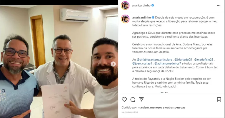 Já 100% recuperado, Ricardinho agradece médicos do Paysandu