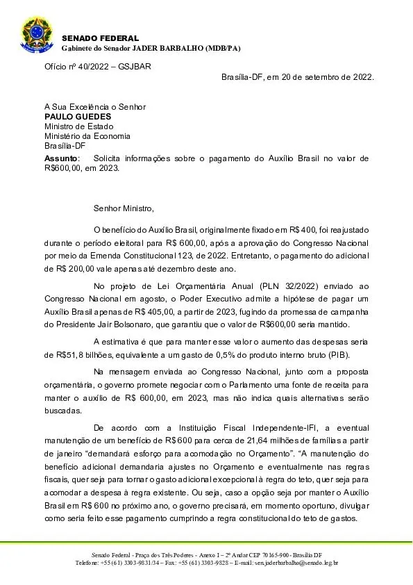 Jader questiona ministro sobre falta de verba para auxílio