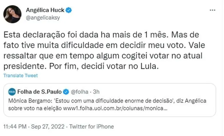 A declaração foi feita no twitter