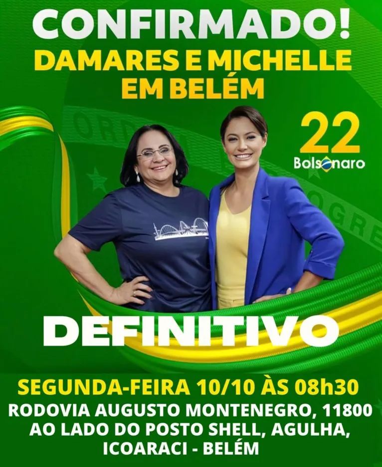 Michelle Bolsonaro e Damares estarão em encontro em Belém