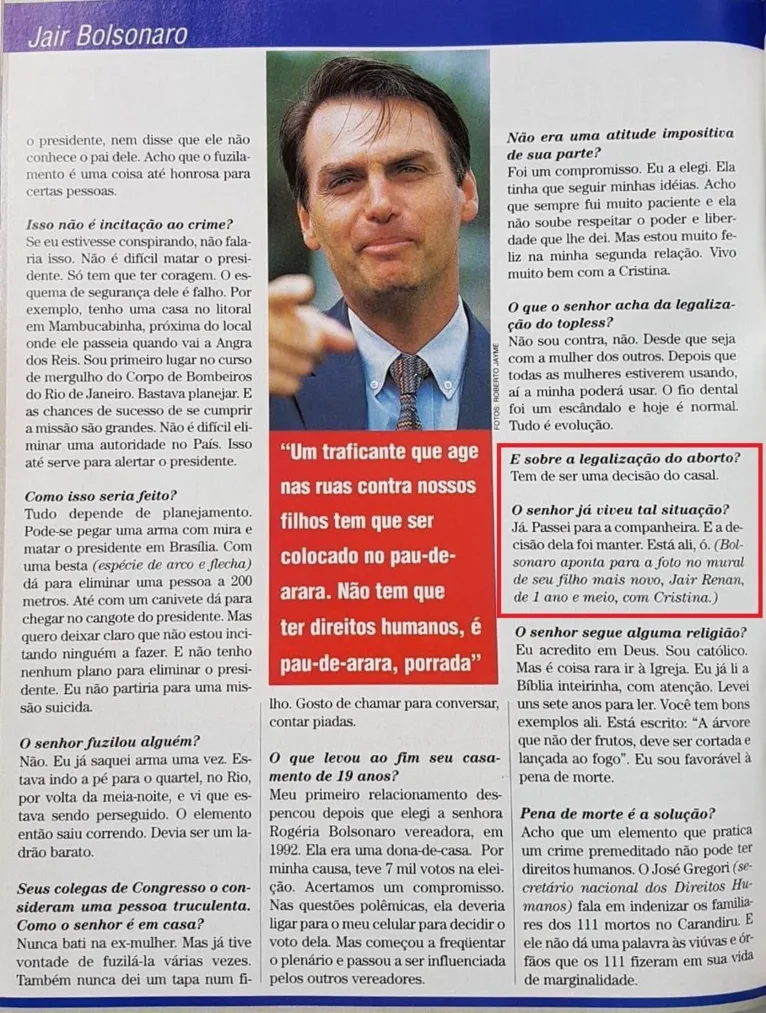 Entrevista em que Jair Bolsonaro defende o direito ao aborto.