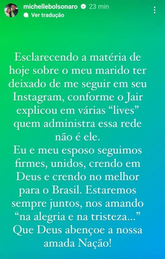 Michelle se pronuncia sobre separação de Bolsonaro