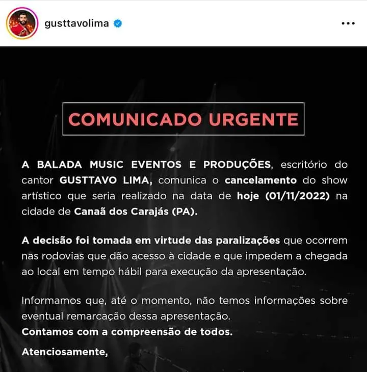 Gusttavo Lima cancela show no Pará por causa de bloqueios