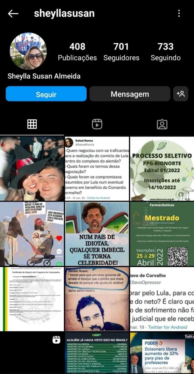 Perfil de Sheylla no Instagram mostra posicionamento contrário à eleição de Lula e ao PT