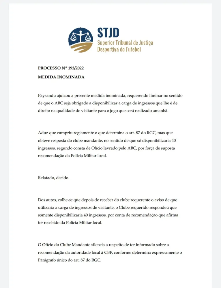 STJD obriga ABC a ceder espaço para torcida do Paysandu