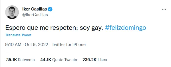 Em mensagem surpreendente no Twitter, Casillas diz ser gay