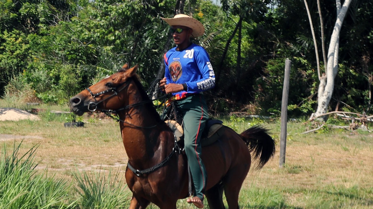 Conjunto (jóquei e cavalo) percorre campos de fazenda, estradas e rios durante competição