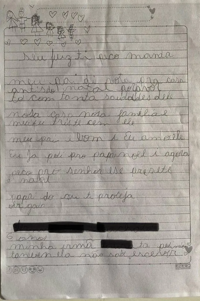 Uma das cartas escritas pelas filhas do suspeito, que comoveram juiz, em Goiás.