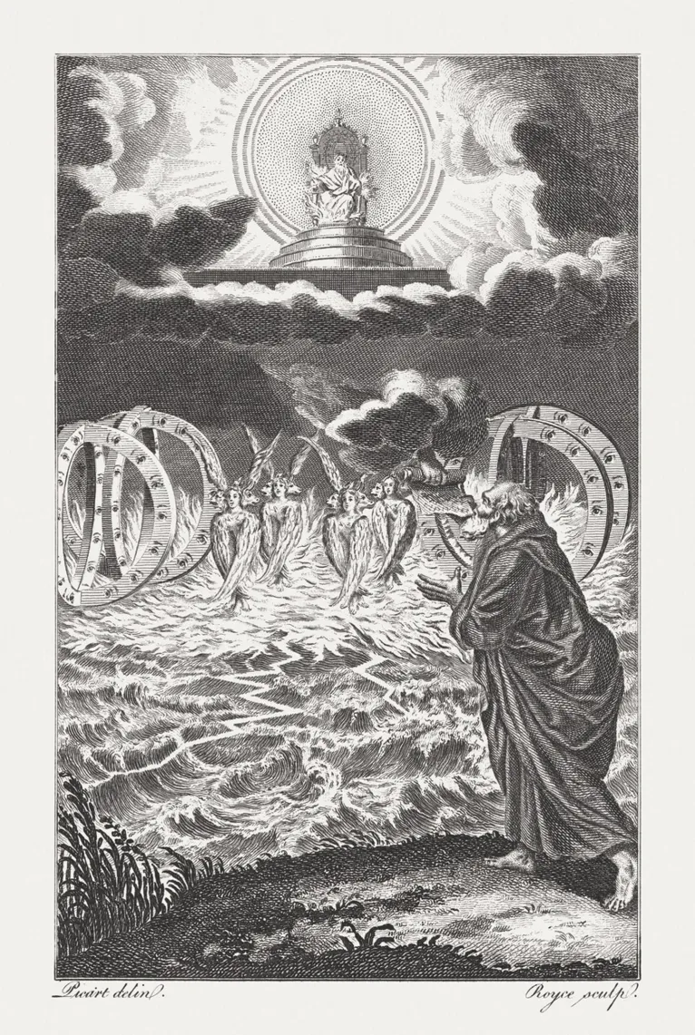 Ezekiel's first Vision of the Cherubins and Wheels (Ezekiel 1). Copperplate engraving by Bernard Picart (French engraver, 1673 - 1733), published in 1774.