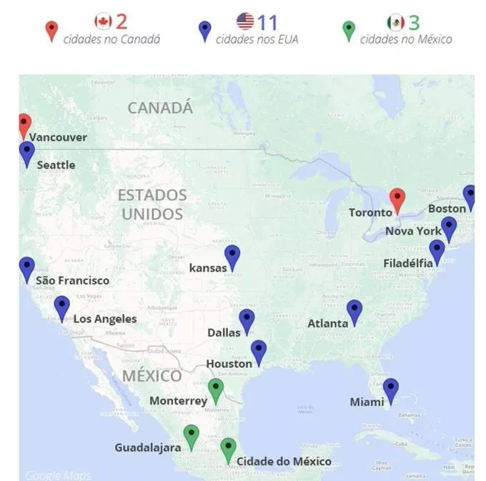 Confira o mapa das sedes da Copa 2026