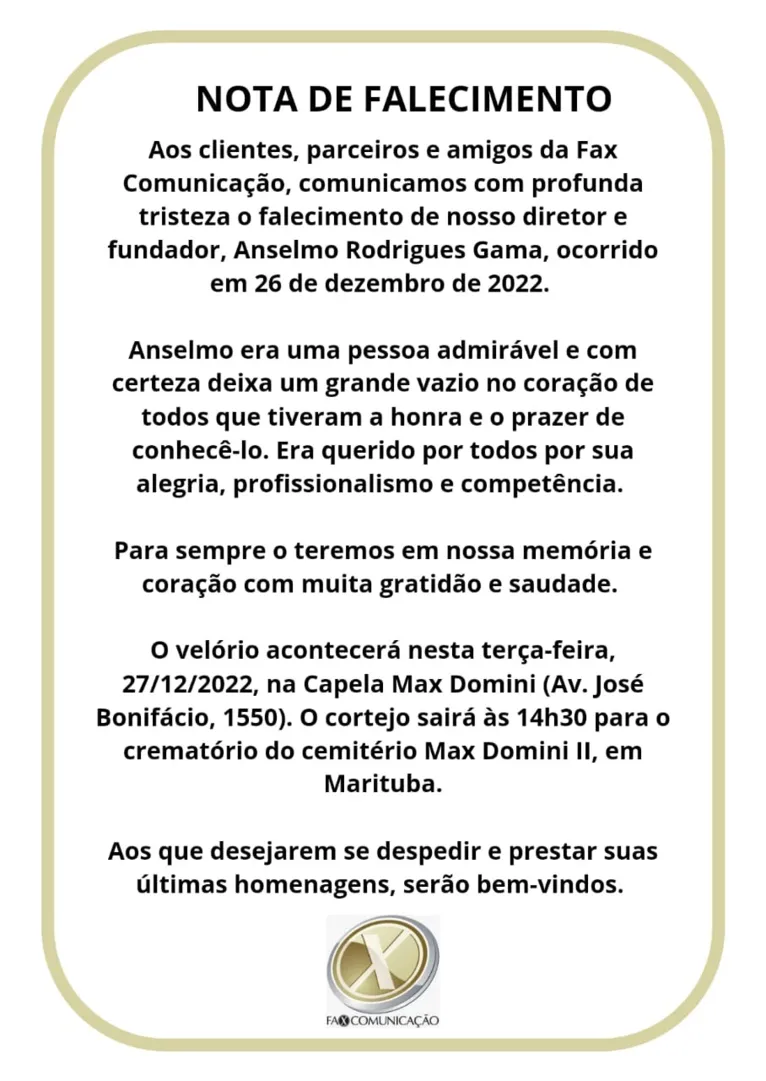 Fax Comunicação divulgou a morte de Anselmo Gama