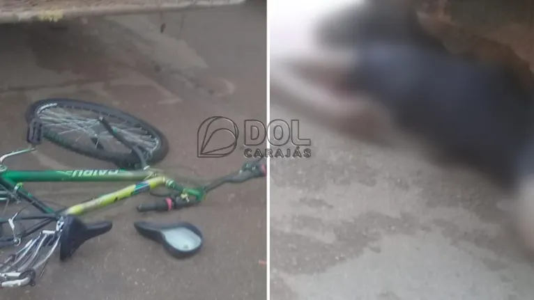 Bicicleta da vítima e o corpo embaixo do carro coletor