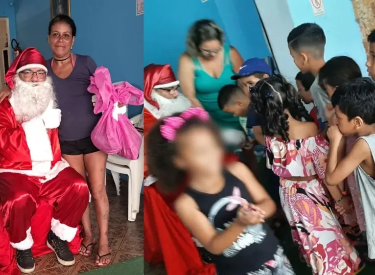 Os filhos de Andreia ganharam roupas e brinquedos em uma ação social, em Santos, no litoral de São Paulo.