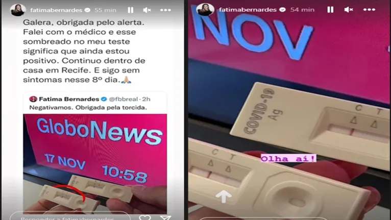 Fátima Bernardes publicou uma imagem em que aparecem duas mãos e cada uma segura um teste para detectar a Covid.