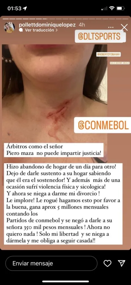 Postagem feita por Pollett López com a denúncia de agressão.