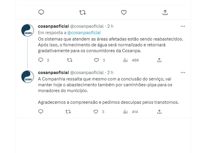 Aviso nas redes sociais da Cosanpa