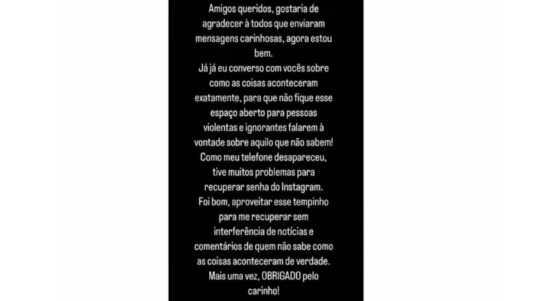 Texto postado no stories de Thiago no Instagram