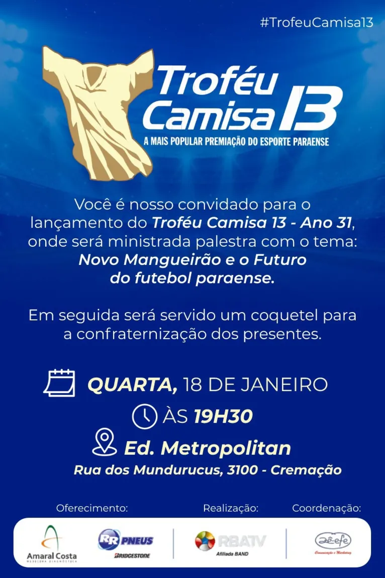 Na 31ª edição, Troféu
Camisa 13 tem lançamento definido