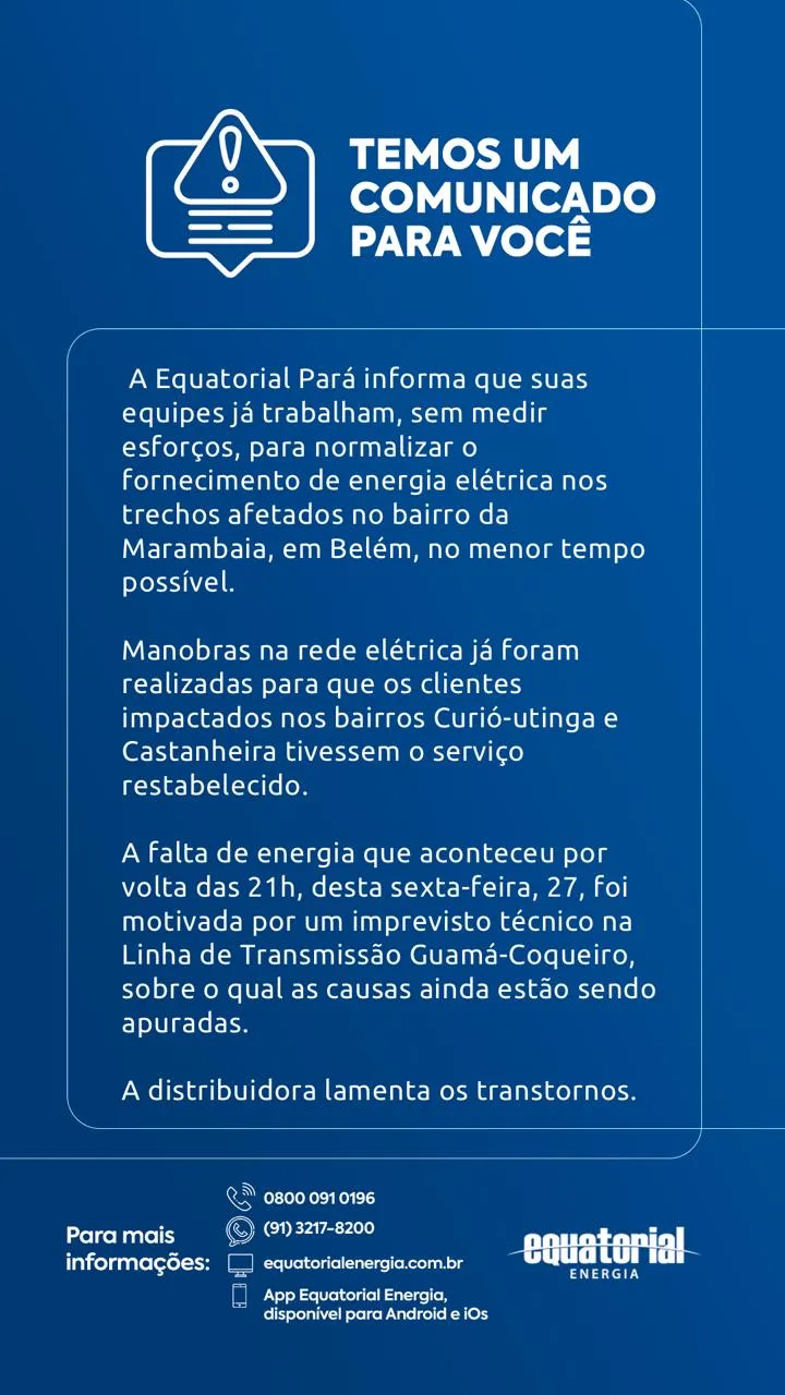 Apagão atinge três bairros de Belém nesta sexta (27)