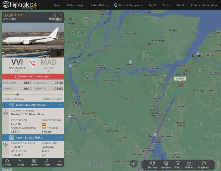 Avião com destino a Madri faz pouso forçado em Belém 